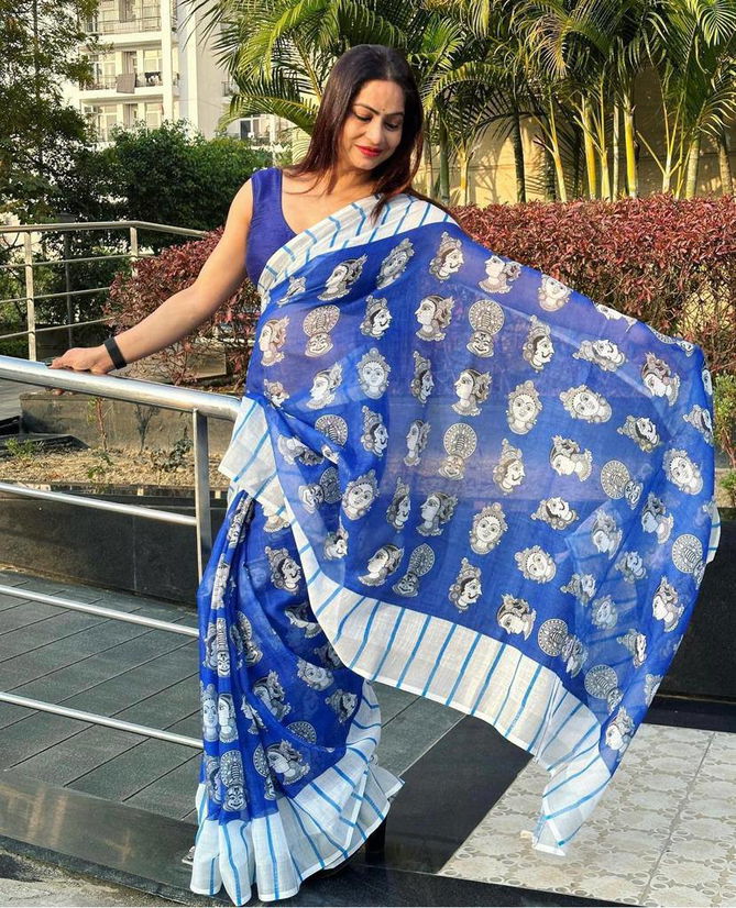 MG 228 Linen Silver Jari Patta Printed Sarees Wholesale Shop In Surat